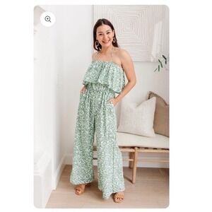 Hailey & Co Jumpsuit Sz L Green Vine Print Halter Wide Leg "My Next Adventure"